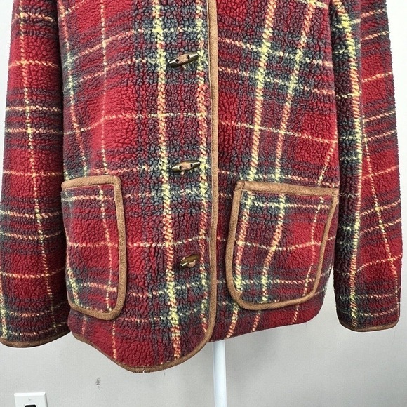 Orvis Red Plaid Fleece Sherpa Button Front Jacket S NWOT Wood Buttons - Picture 4 of 10